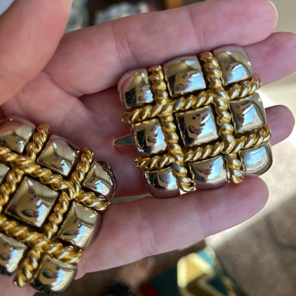 VTG Paquette Gold and Silver Tone Tic Tac Toe Square Interlocking Belt Buckle OS
